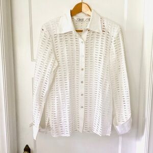 Vtg RAVEL Women’s Long Sleeve Cut Out Eyelet Button Down Linen Top S Collared